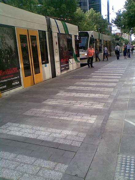 Photo showing the newly upgraded Swanston St tram stop